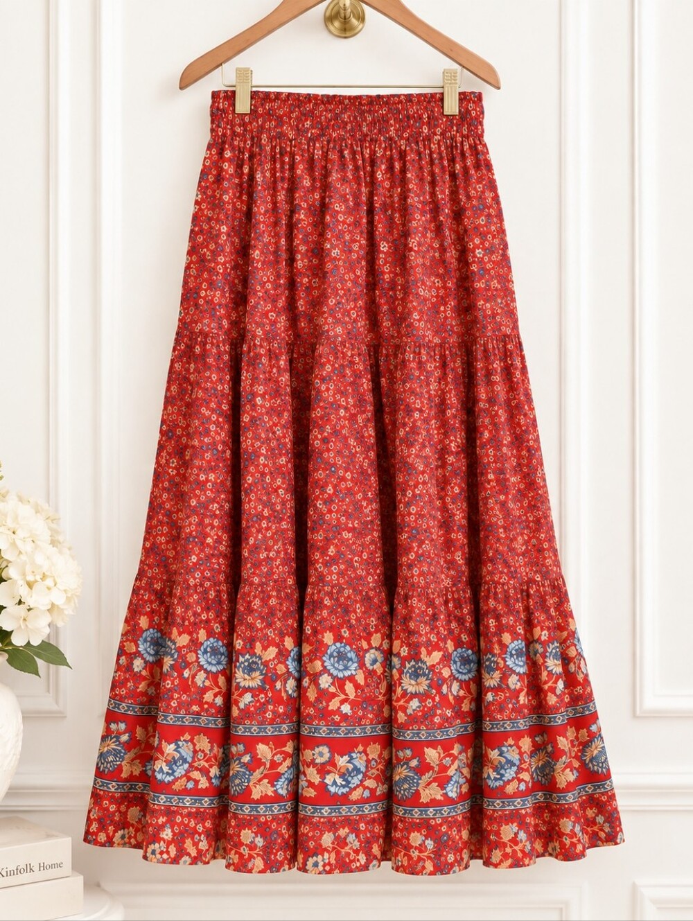 ZESICA NWT Red Floral Border Print Tiered Boho Maxi Skirt | Size XL - Picture 6 of 9